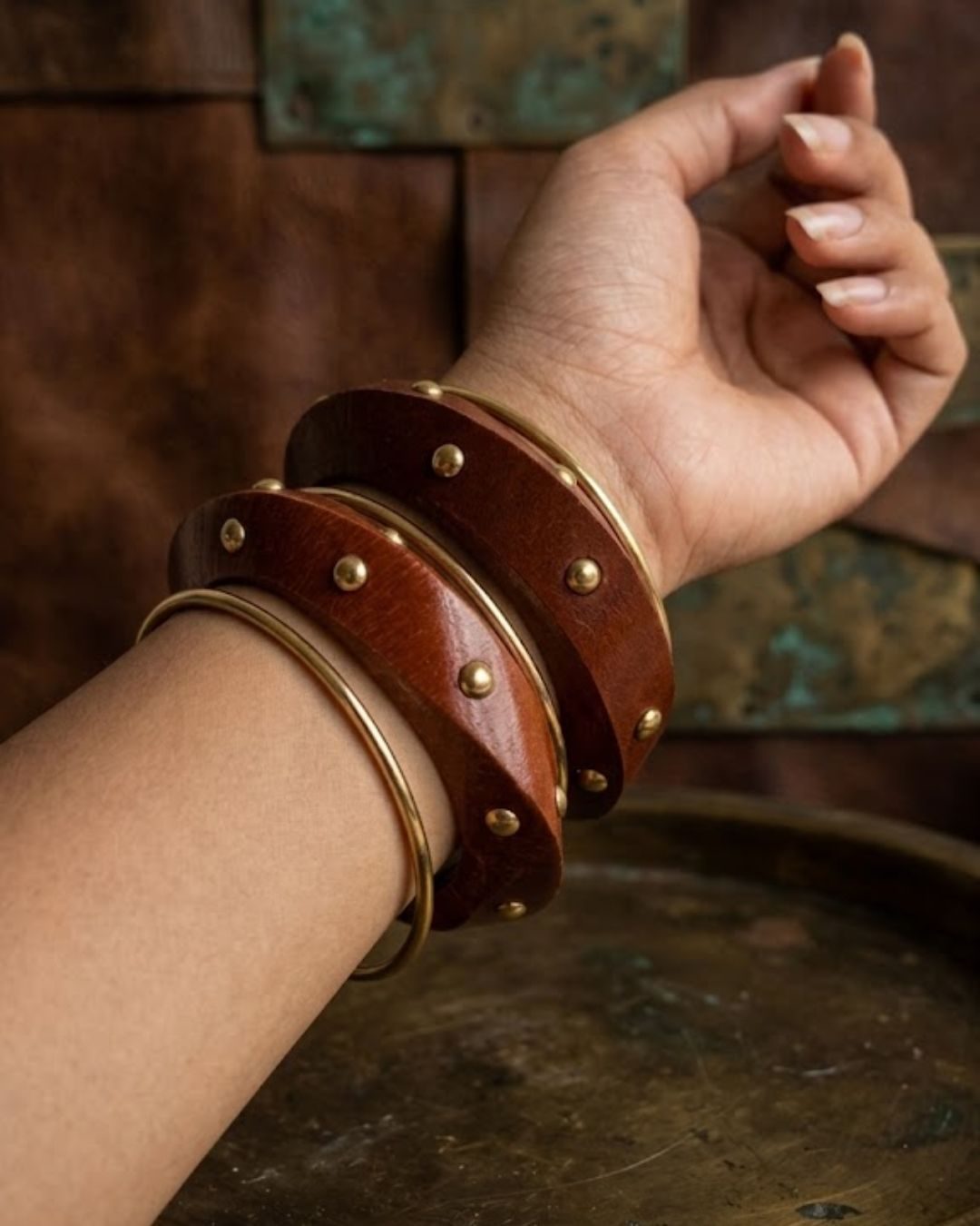 Polished Brass & Studded Timber Bangle Set